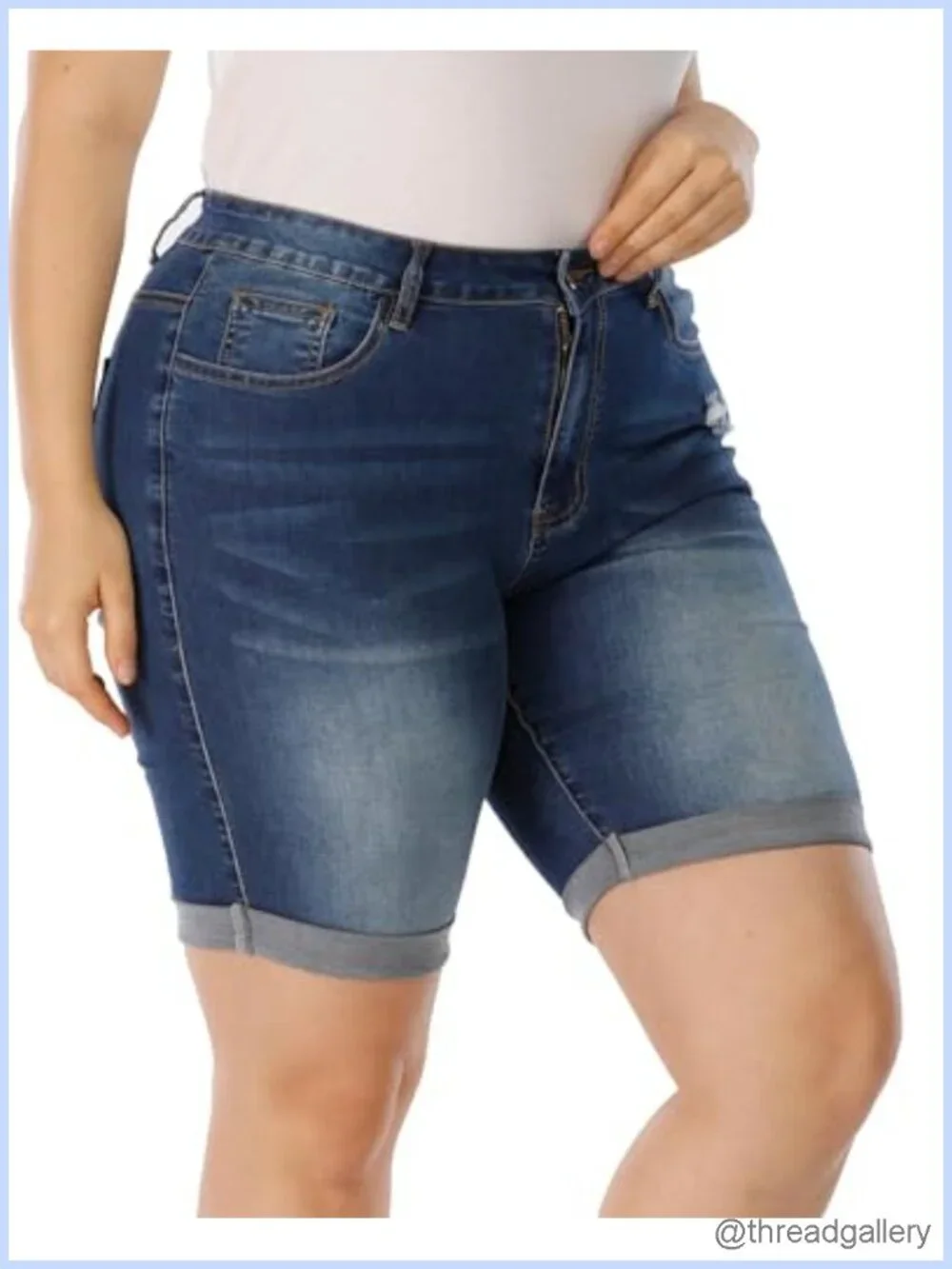 Plus Size High Waisted Stretchy Bermuda Jean Shorts Fold Hem